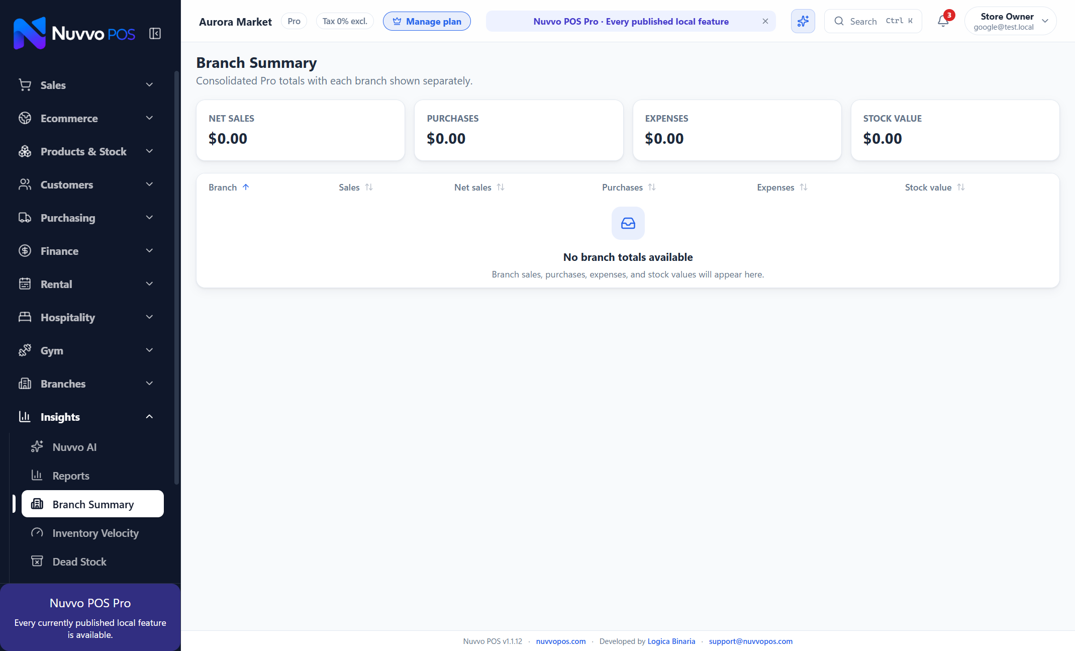 Multi-Branch Operations screen in Nuvvo POS