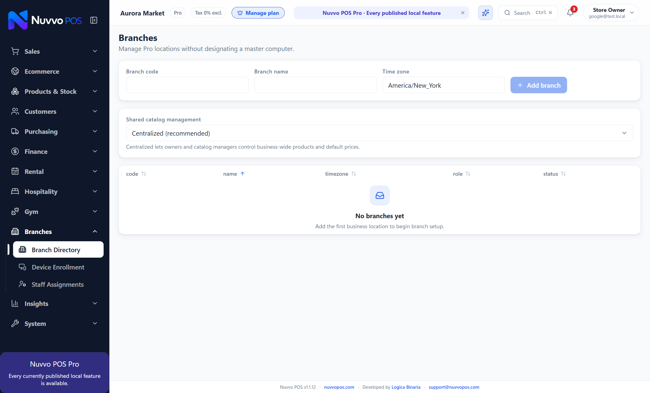 Multi-Branch Operations screen in Nuvvo POS